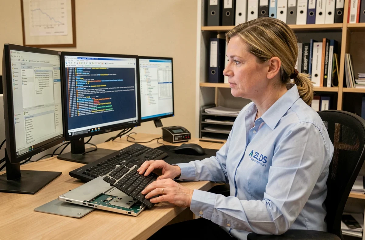 Technicienne d'A2LDS analysant des diagnostics informatiques sur un poste de travail à double écran