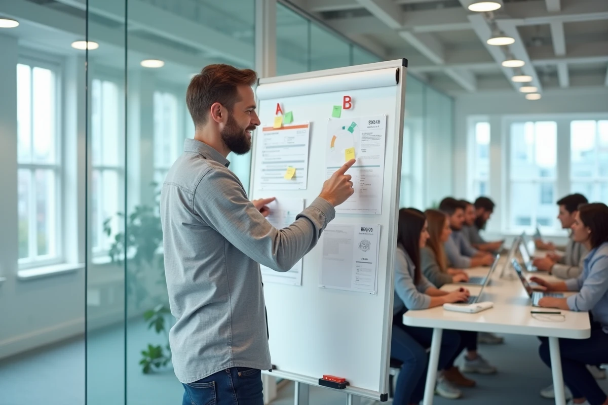 Un designer UX analyse les résultats d'un test A/B sur un tableau blanc avec des maquettes de pages web et des annotations de données