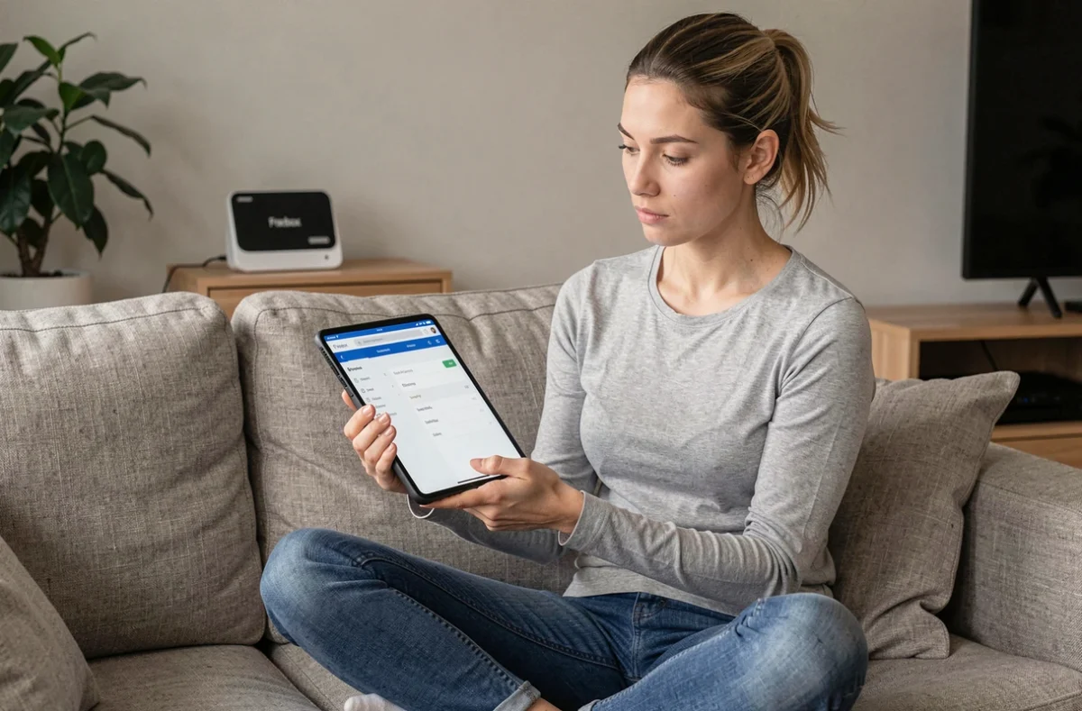 Femme consultant l'interface de connexion Freebox sur une tablette dans un salon moderne avec un modem Freebox visible en arrière-plan