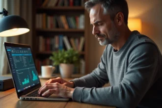 Homme utilisant un ordinateur portable pour accéder à l'interface Freebox sur http://mafreebox.freebox.fr en mode invité depuis son bureau à domicile