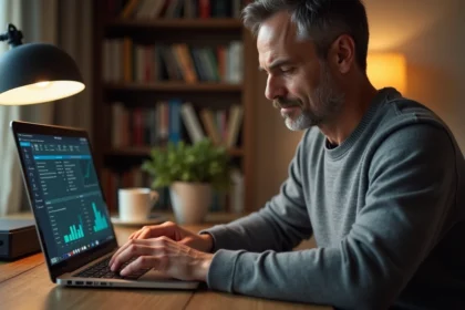 Homme utilisant un ordinateur portable pour accéder à l'interface Freebox sur http://mafreebox.freebox.fr en mode invité depuis son bureau à domicile