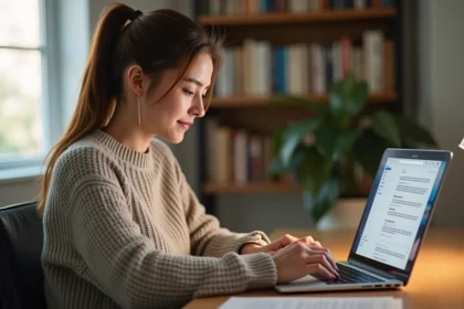 Femme accédant à sa messagerie académique ac-montpellier.fr depuis son bureau à domicile