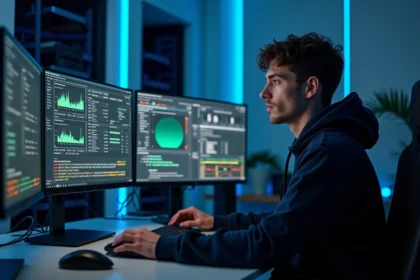 Administrateur serveur FiveM surveillant les performances et le ping sur des écrans de monitoring en temps réel