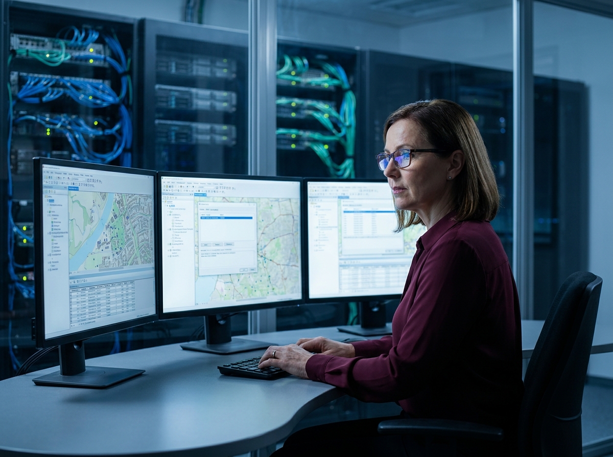 Administratrice de géodatabase Esri gérant des requêtes spatiales sur plusieurs écrans dans une salle technique, gestion avancée des données SIG