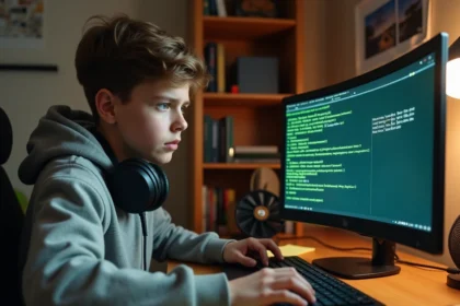 Adolescent configurant un hébergeur serveur Minecraft gratuit sur son ordinateur portable dans sa chambre