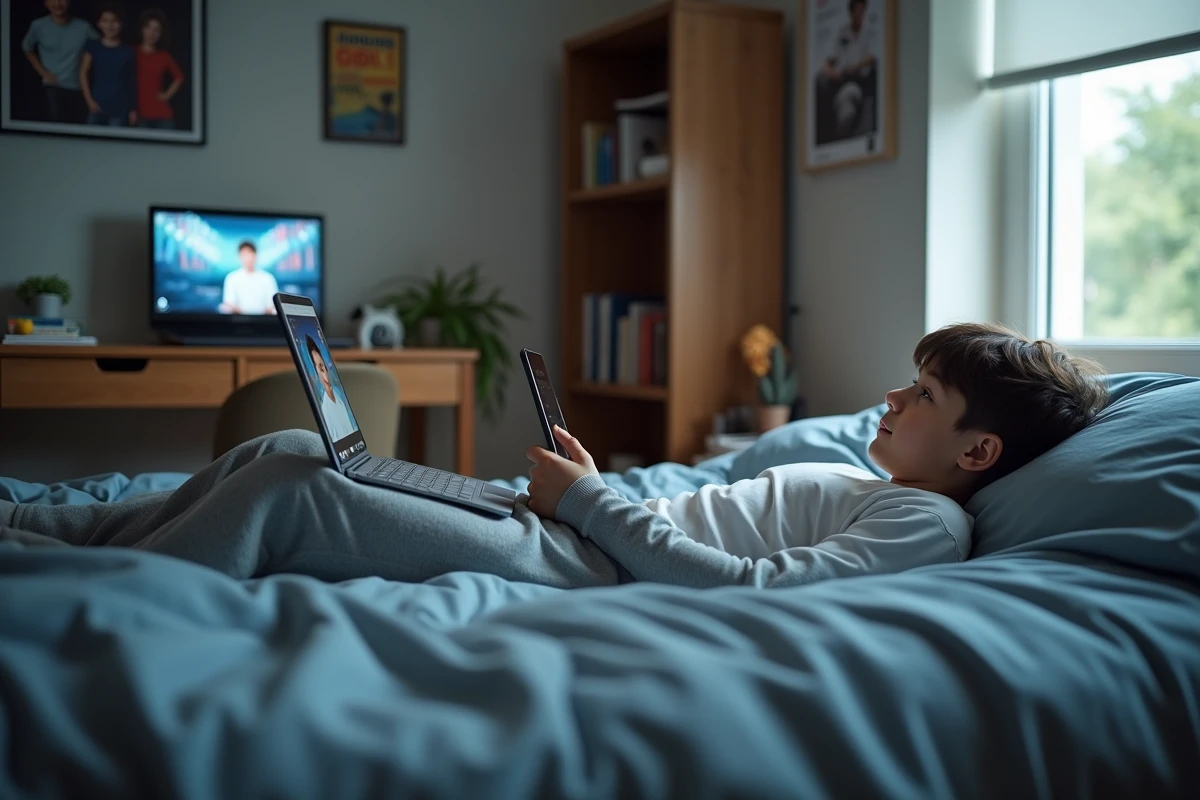 Adolescent regardant un programme en streaming sur ordinateur portable avec l'application SFR multi-écrans active sur smartphone dans sa chambre
