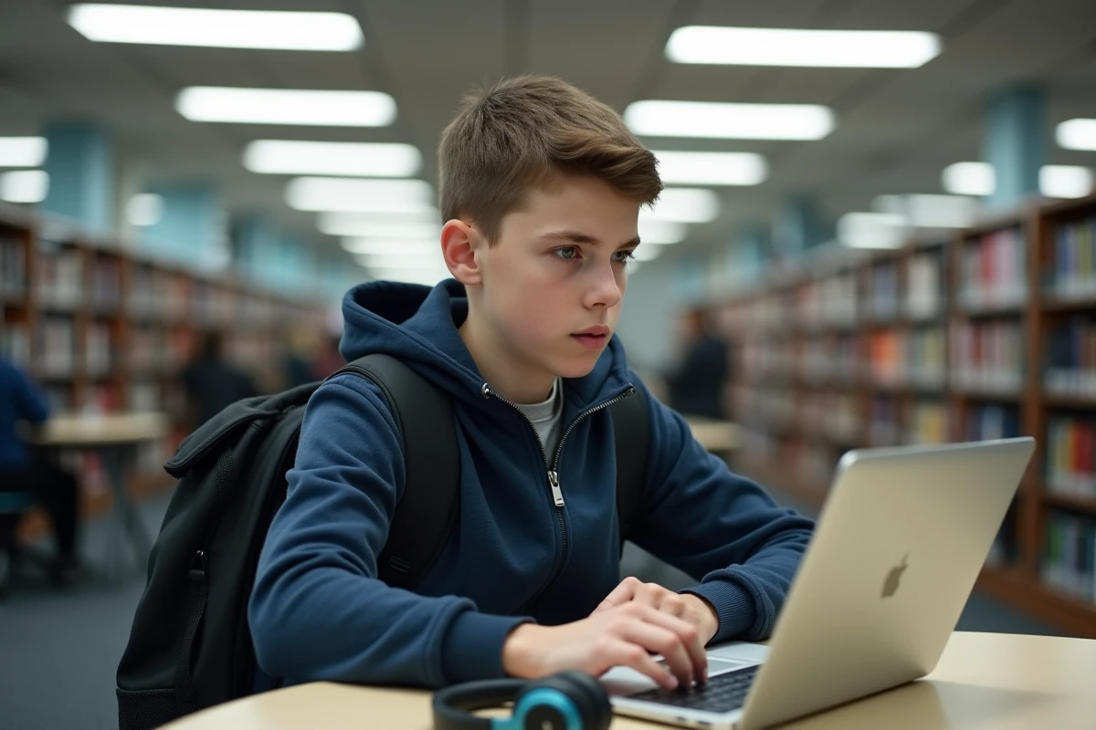 Adolescent téléchargeant de la musique depuis YouTube en MP3 sur un ordinateur portable dans une bibliothèque