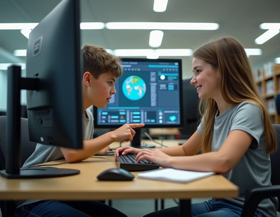 Deux adolescents collaborant pour configurer un serveur Minecraft gratuit 24/7 dans une salle d'étude