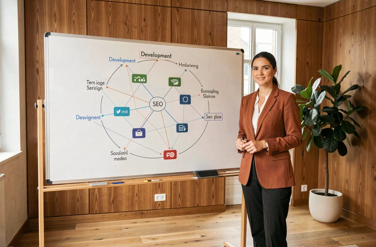 Chef de projet de l'Agence 33 Degrés présentant une carte de services web 360° sur un tableau blanc dans une agence lyonnaise