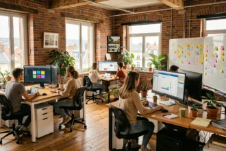 Vue panoramique d'une agence de webdesign moderne en Auvergne-Rhône-Alpes avec des équipes collaborant autour d'écrans et de maquettes