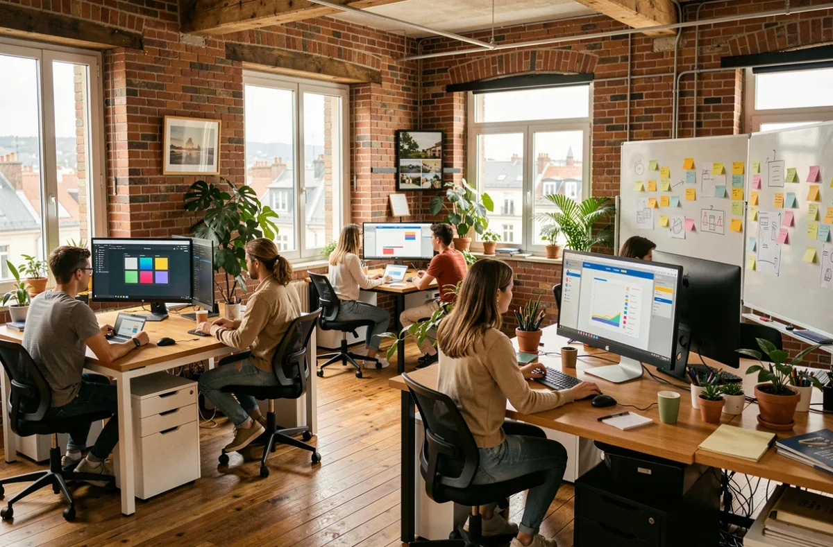Vue panoramique d'une agence de webdesign moderne en Auvergne-Rhône-Alpes avec des équipes collaborant autour d'écrans et de maquettes