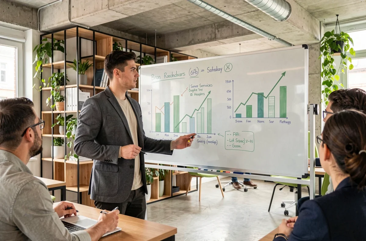 Jeune entrepreneur IT présentant des feuilles de route de croissance à son équipe dans un espace de coworking moderne à Bron pour Agil'IT