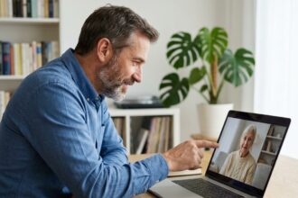 Homme aidant une femme âgée lors d'une visioconférence