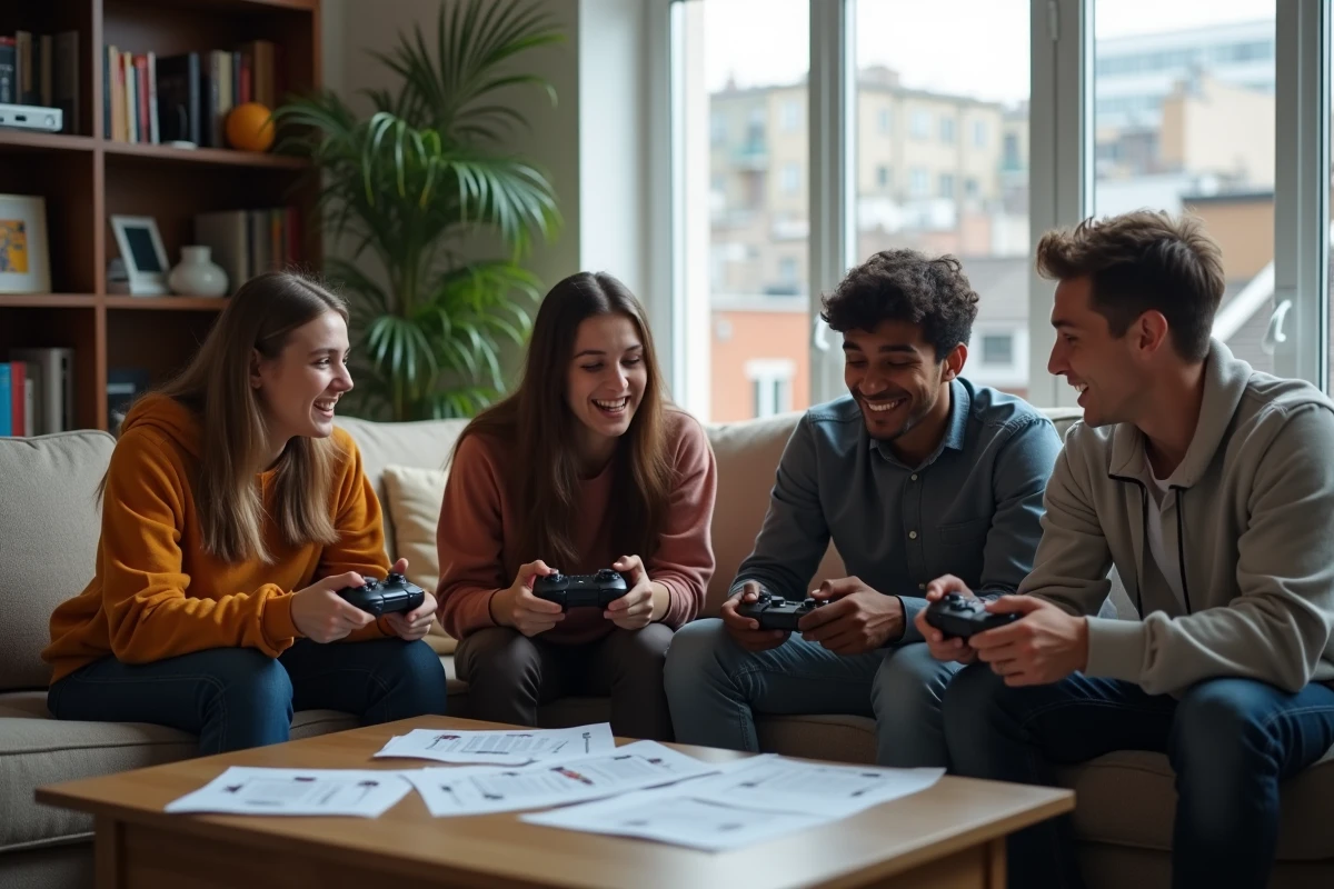 Groupe d amis discutant de jeux vidéo autour d une table