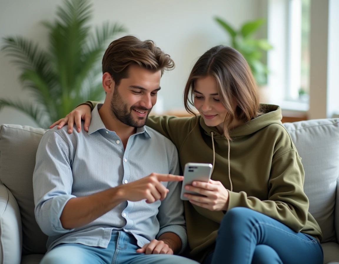 Deux amis sur un canapé regardant ensemble comment surligner un message dans WhatsApp sur smartphone