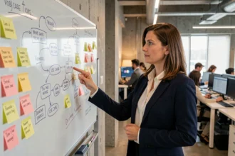 Professionnelle en réunion stratégique analysant des diagrammes de cas d'usage sur un tableau blanc dans un bureau moderne en 2026