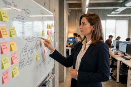 Professionnelle en réunion stratégique analysant des diagrammes de cas d'usage sur un tableau blanc dans un bureau moderne en 2026