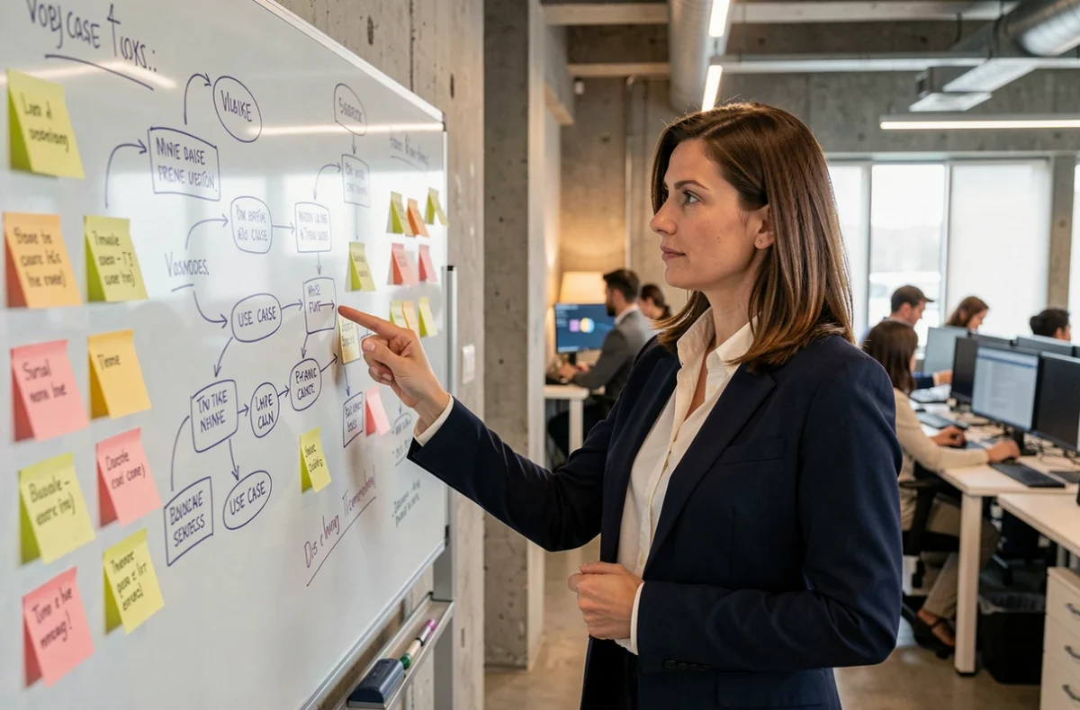 Professionnelle en réunion stratégique analysant des diagrammes de cas d'usage sur un tableau blanc dans un bureau moderne en 2026