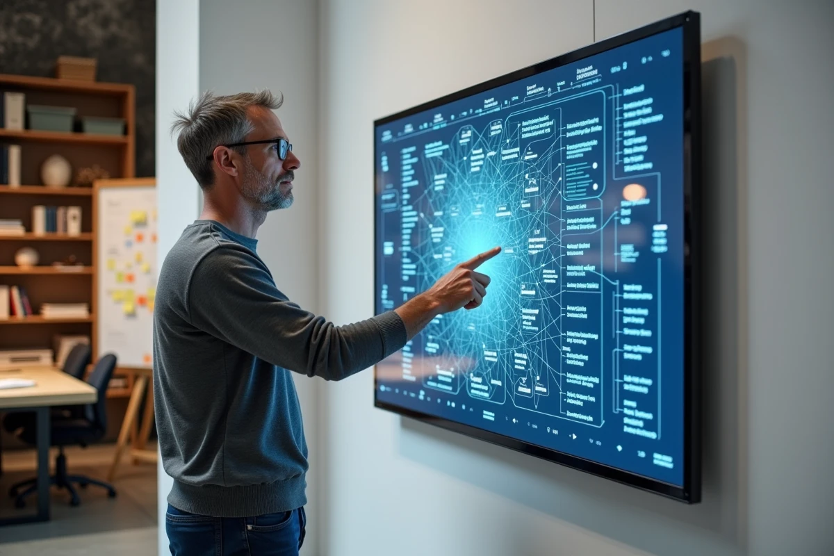 Designer UX analysant un schéma complexe de flux de données et d'architecture numérique sur un grand écran tactile en studio