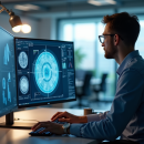 Ingénieur informatique analysant des données sur un grand écran lumineux