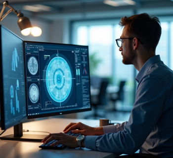 Ingénieur informatique analysant des données sur un grand écran lumineux