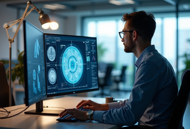 Ingénieur informatique analysant des données sur un grand écran lumineux