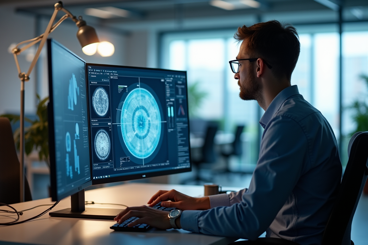 Ingénieur informatique analysant des données sur un grand écran lumineux