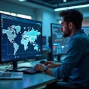 Professionnel informatique analysant un diagramme réseau sur un grand écran