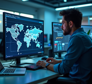 Professionnel informatique analysant un diagramme réseau sur un grand écran