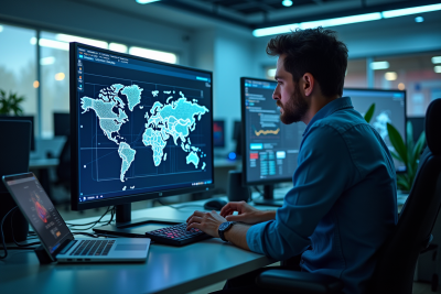 Professionnel informatique analysant un diagramme réseau sur un grand écran