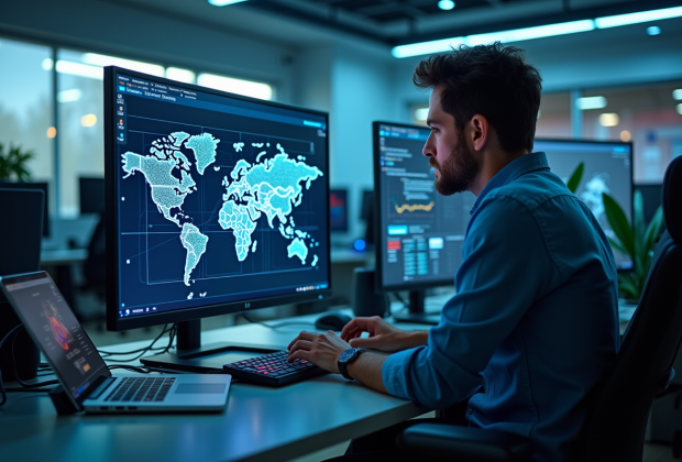 Professionnel informatique analysant un diagramme réseau sur un grand écran