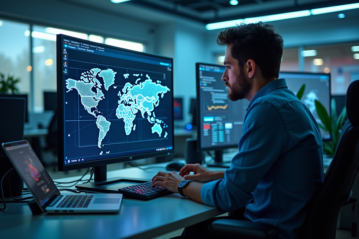 Professionnel informatique analysant un diagramme réseau sur un grand écran