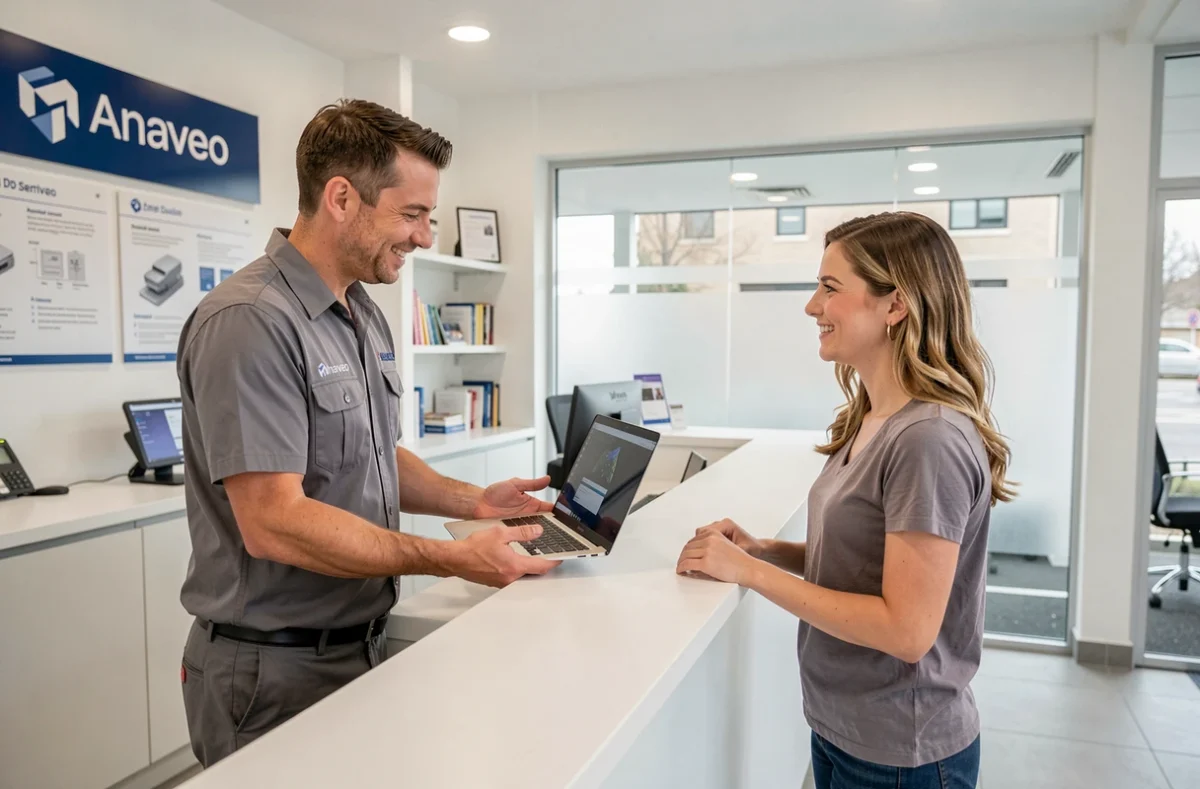 Technicien Anaveo remettant un ordinateur portable réparé à une cliente satisfaite dans un centre de service moderne