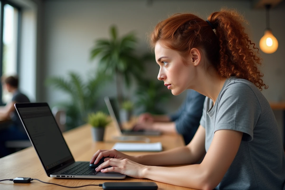 Femme archivant des fichiers avec un logiciel 64 bits sur laptop dans un espace de coworking