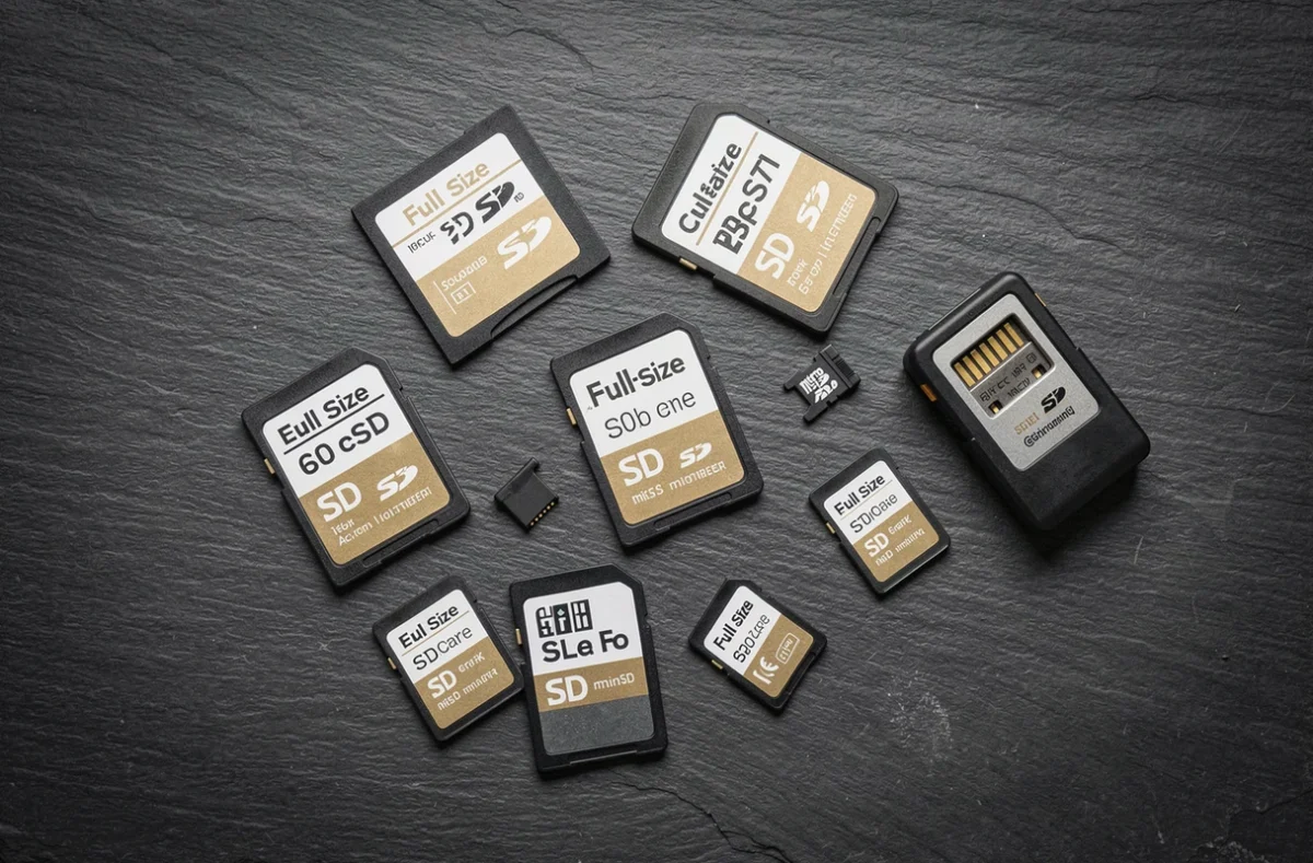 Assortiment de cartes SD de différentes tailles et capacités posées à plat sur une surface en ardoise