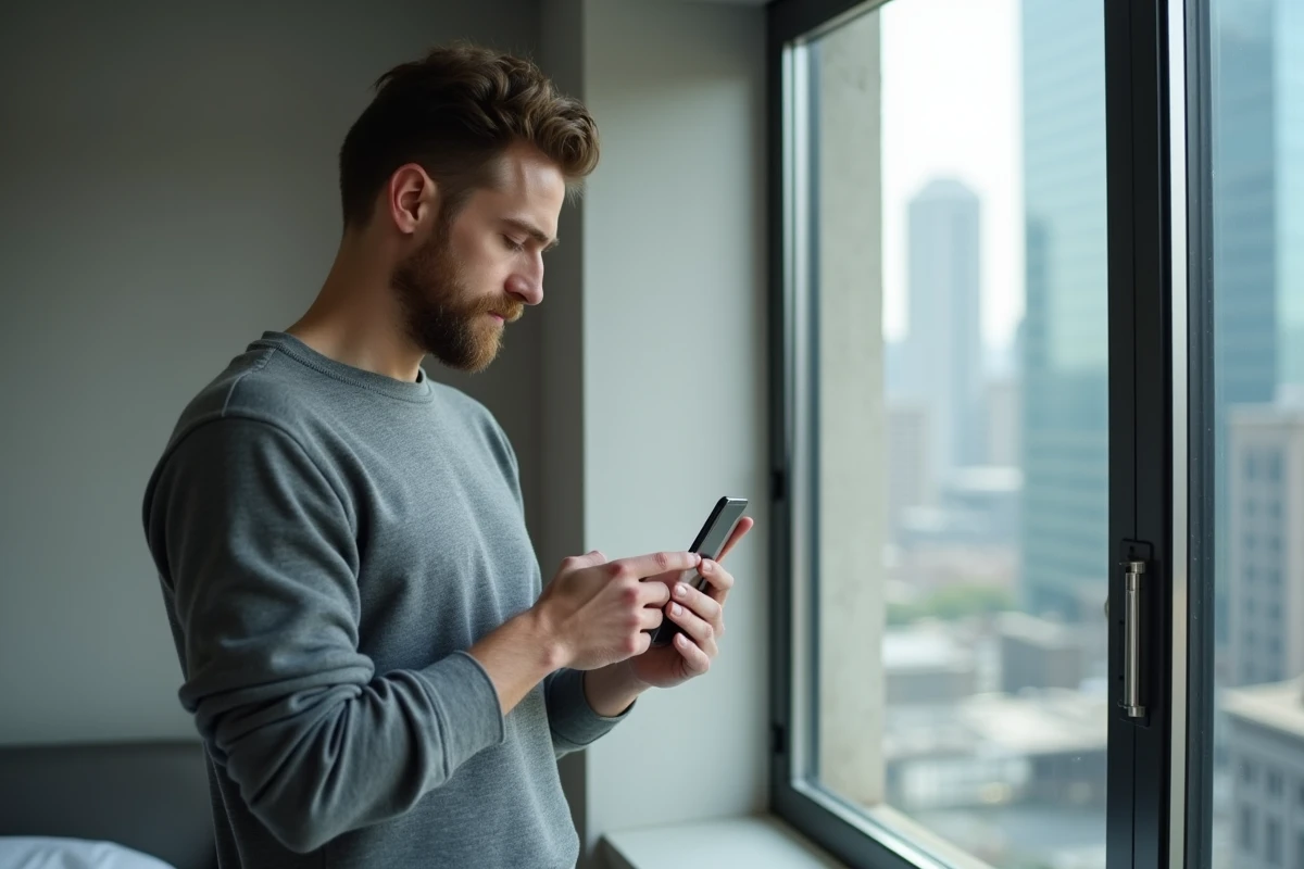 Homme vérifiant une authentification à deux facteurs sur son smartphone pour sécuriser son compte en ligne