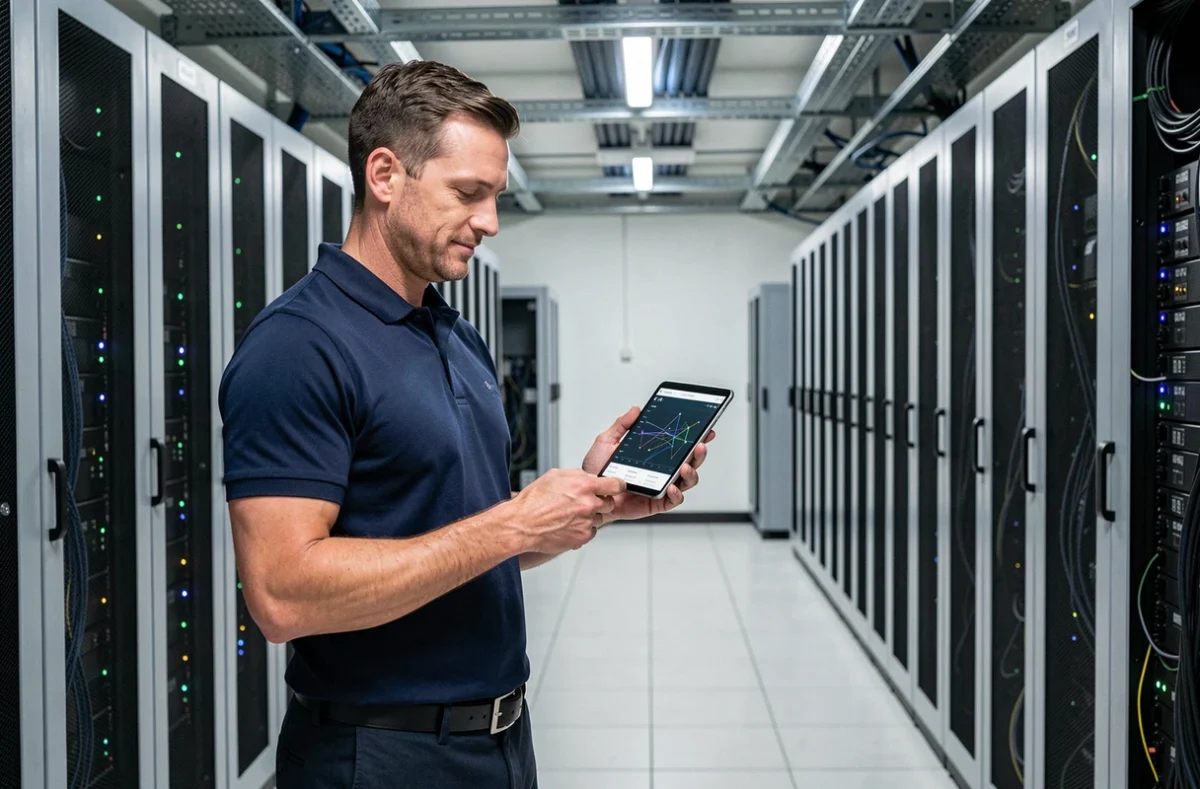Technicien Axido en salle serveur gérant l'infogérance informatique pour une PME