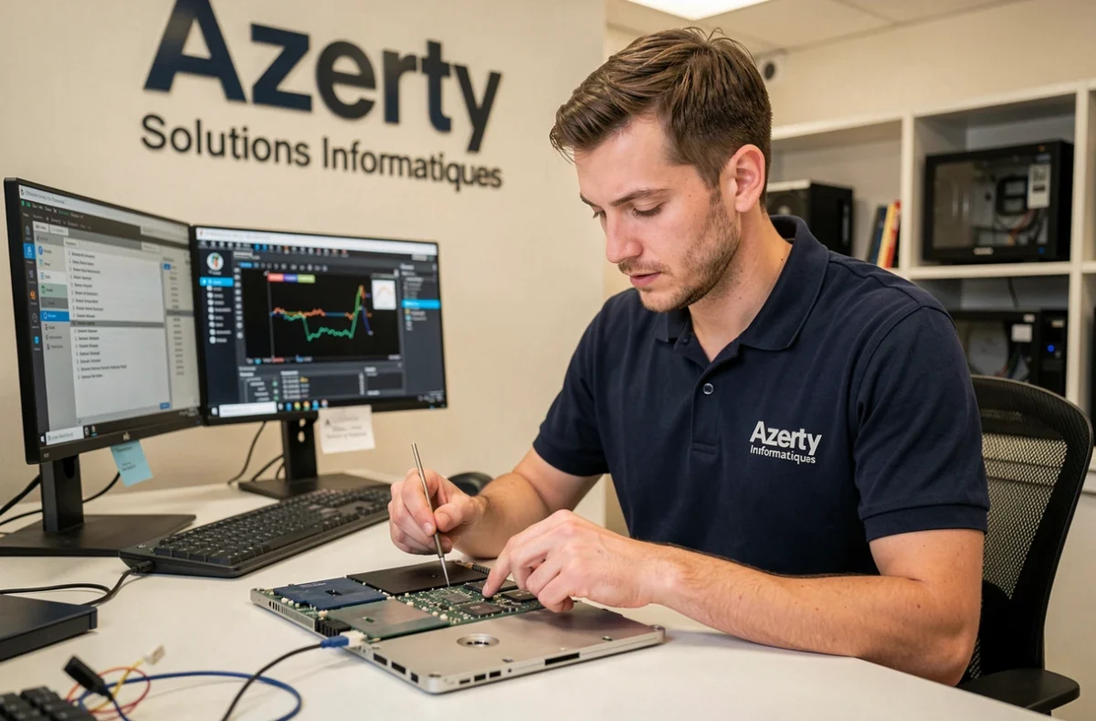 Technicien d'Azerty Solutions Informatiques réparant une carte mère d'ordinateur portable dans son atelier