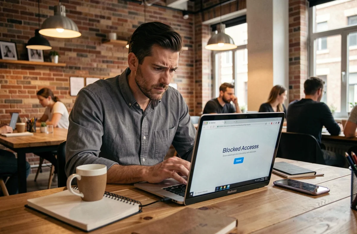 Homme en espace de coworking confronté à un blocage d'accès lors de la connexion à AOL webmail depuis le réseau professionnel