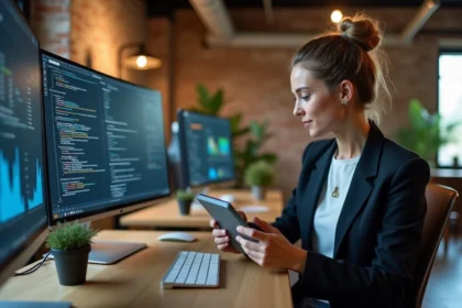Une cheffe de PME consulte des tableaux de bord technologiques dans un espace de co-working moderne, illustrant la vulgarisation de la tech pour les petites entreprises