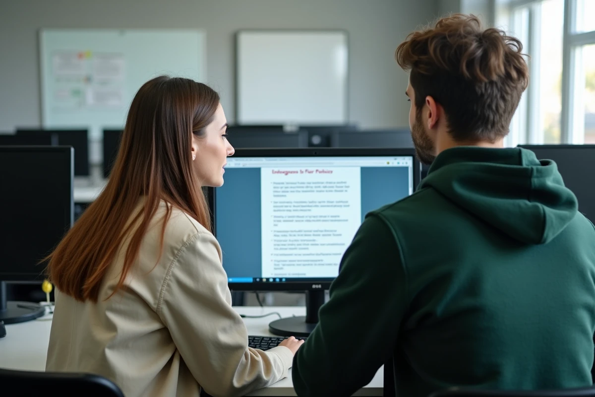 Deux étudiants consultant les bonnes pratiques de sécurité informatique et de messagerie dans une salle informatique universitaire