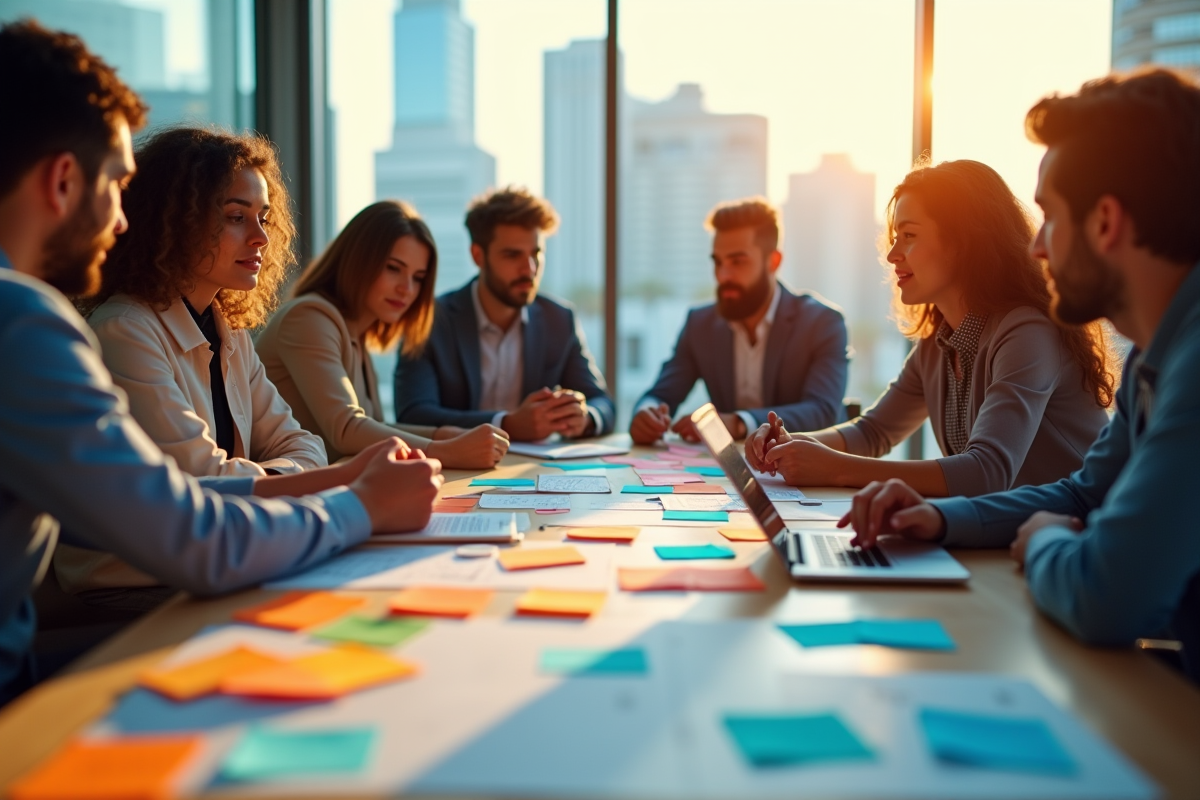 Equipe en brainstorming avec notes et outils SEO dans un bureau lumineux