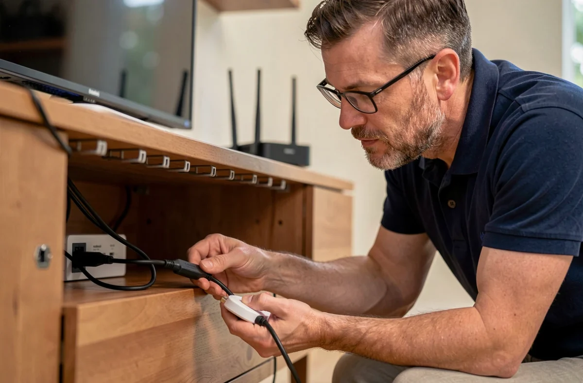 Homme inspectant le branchement d'un Chromecast avec câble d'extension HDMI derrière un meuble TV