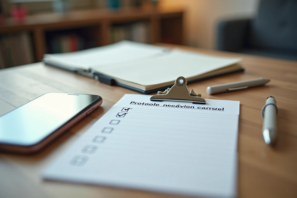 Vue de dessus d'un bureau avec smartphone affichant zéro message et checklist de protocole courrier PIX non complétée