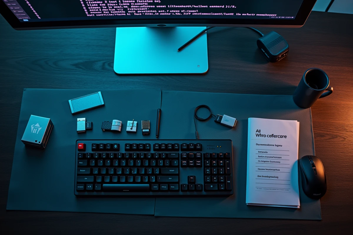Vue aérienne d'un bureau avec clavier, clés USB et terminal de décompression de fichiers sur PC