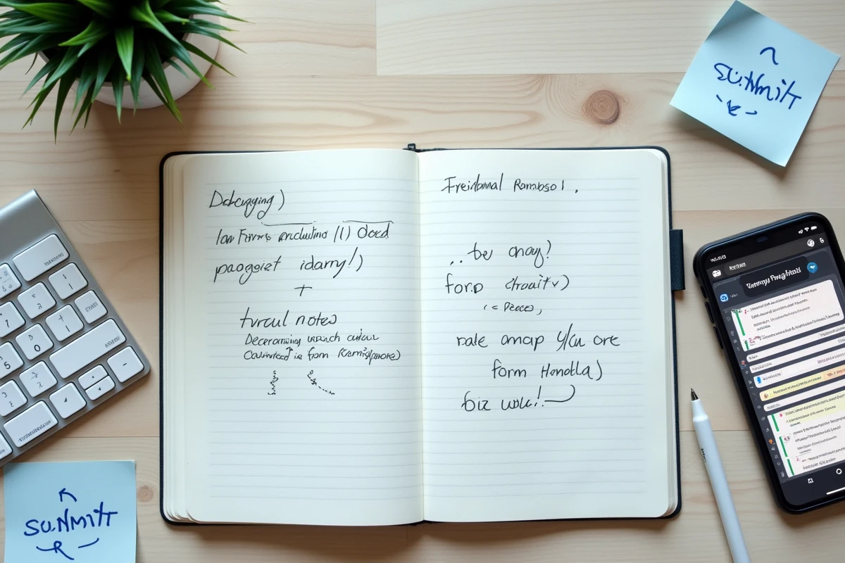 Vue aérienne d'un bureau de développeur avec notes manuscrites et smartphone affichant un formulaire HTML défaillant