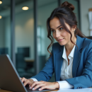 Femme d'affaires en réunion devant un ordinateur