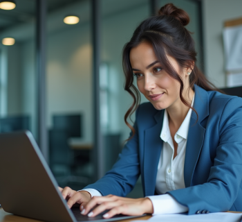 Femme d'affaires en réunion devant un ordinateur