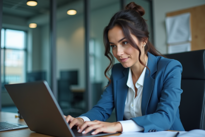 Femme d'affaires en réunion devant un ordinateur