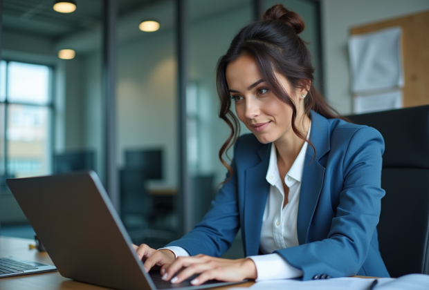 Femme d'affaires en réunion devant un ordinateur